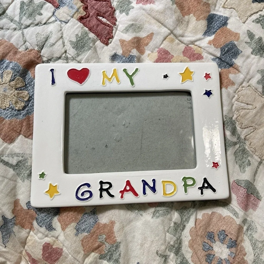 Vtg Set I Love My Grandma Grandpa Colorful Ceramic Crayon Picture Frames Easel